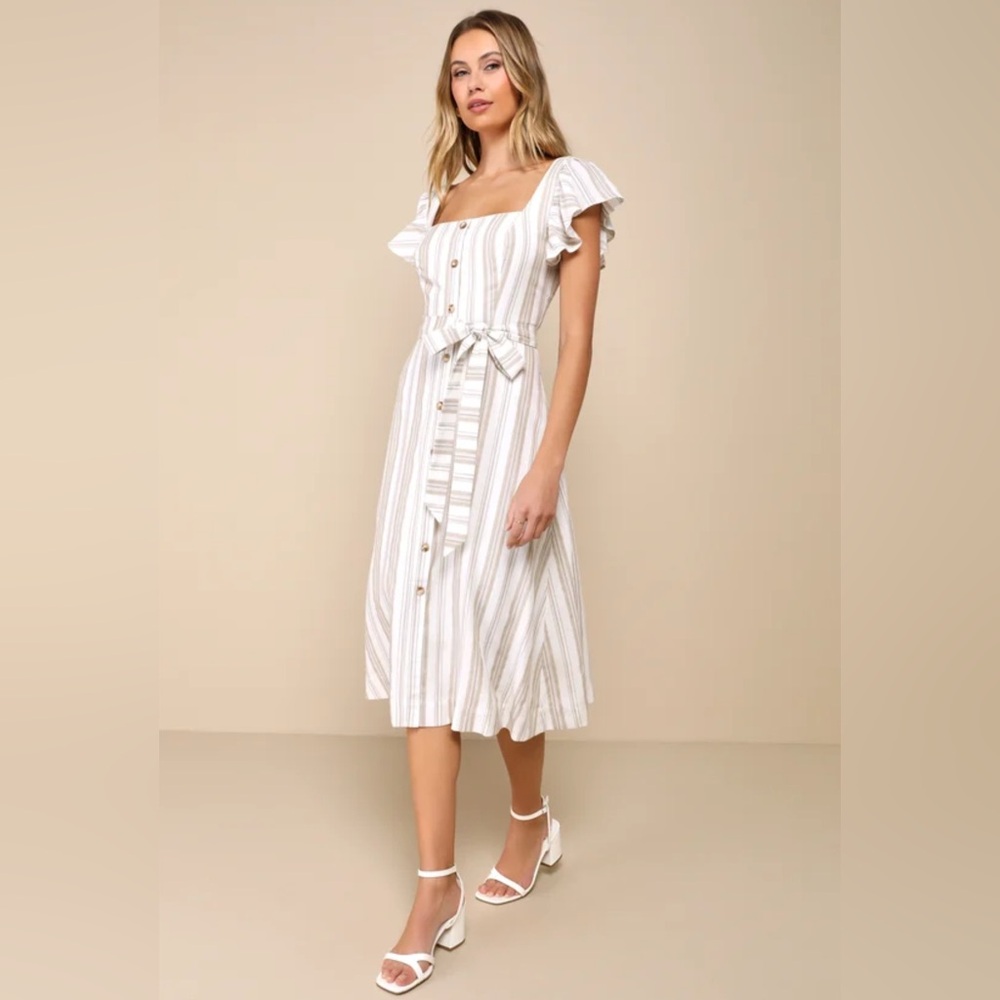 Lulu's Midi Dress, Mediterranean Moves White Tan Striped Linen Blend Size S